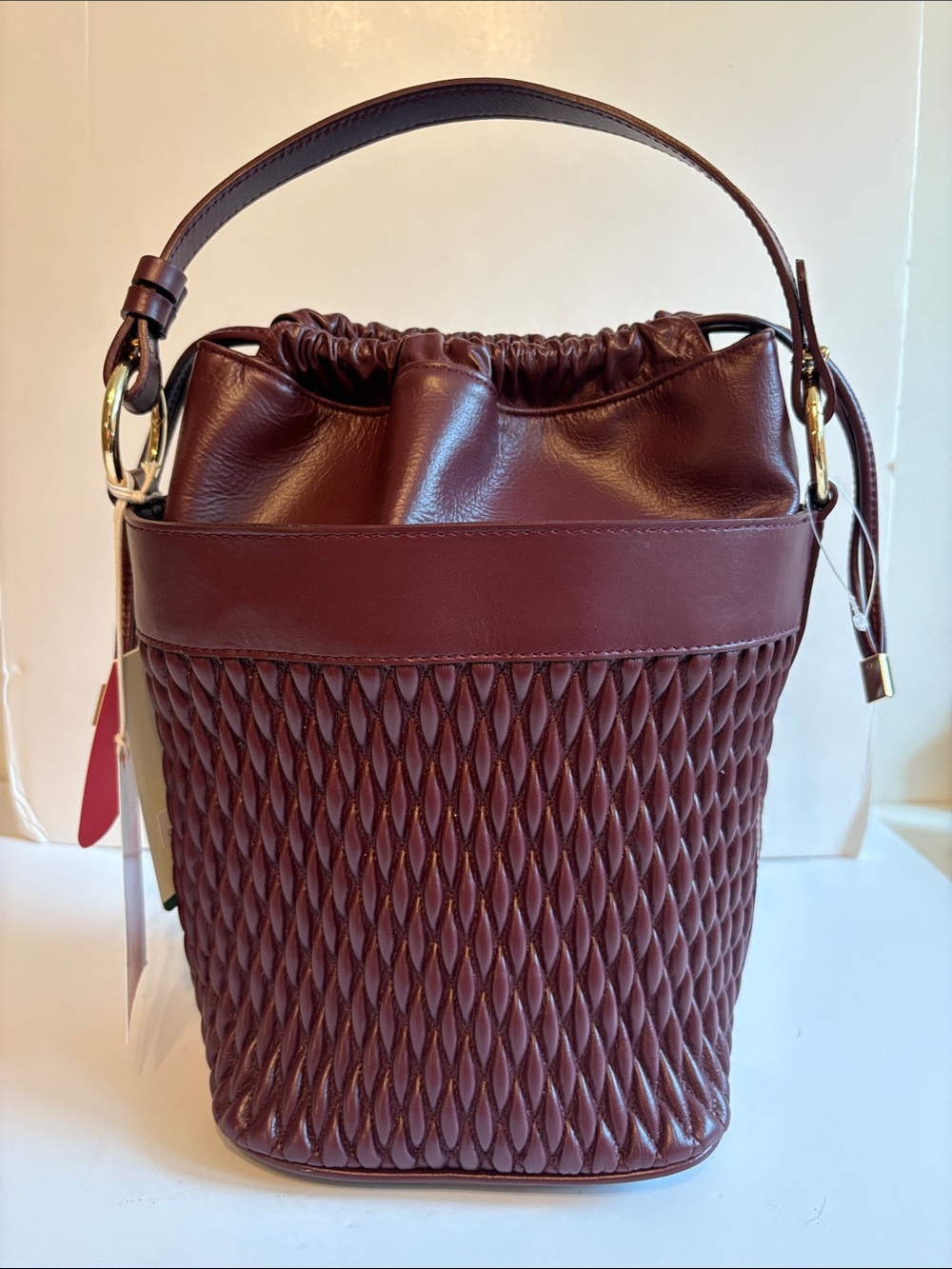 Divina Firenze Quilted Bucket Bag Burgundy NWT